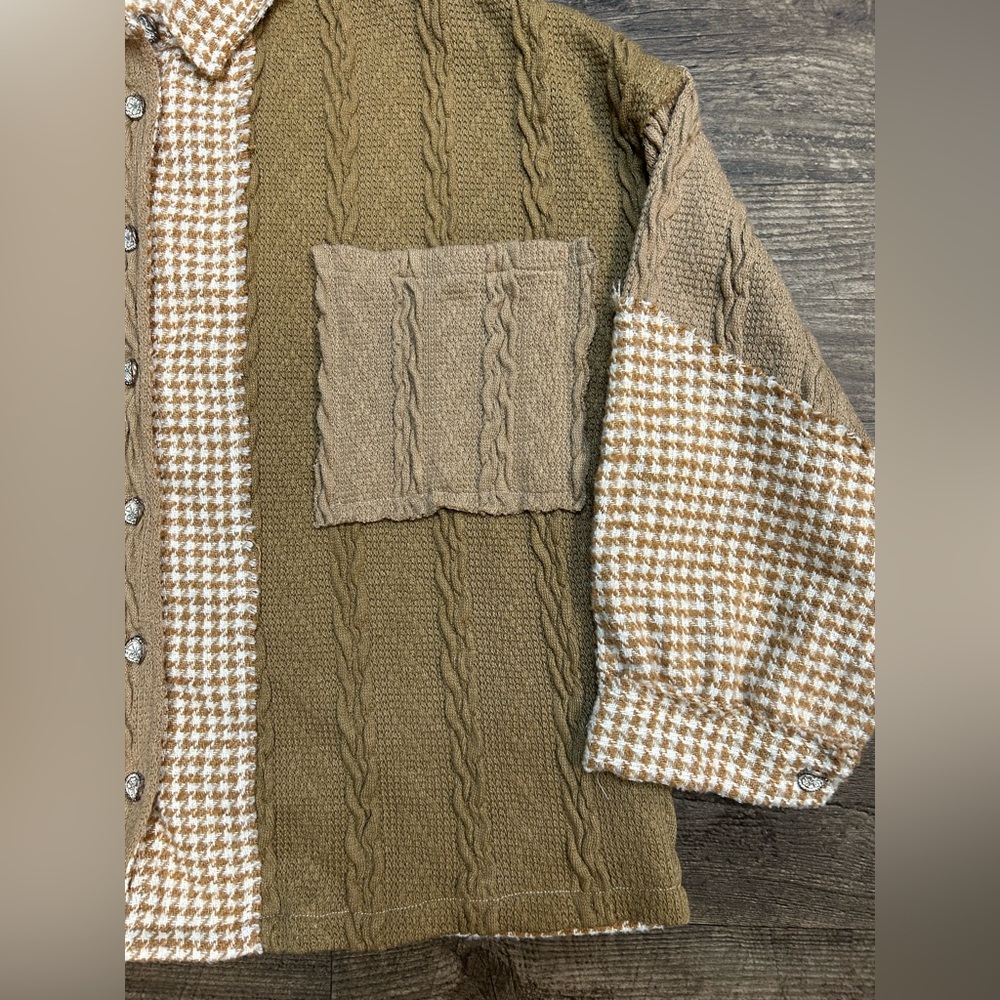 POL Pieced Patchwork Houndstooth Shacket Mocha Mu… - image 5